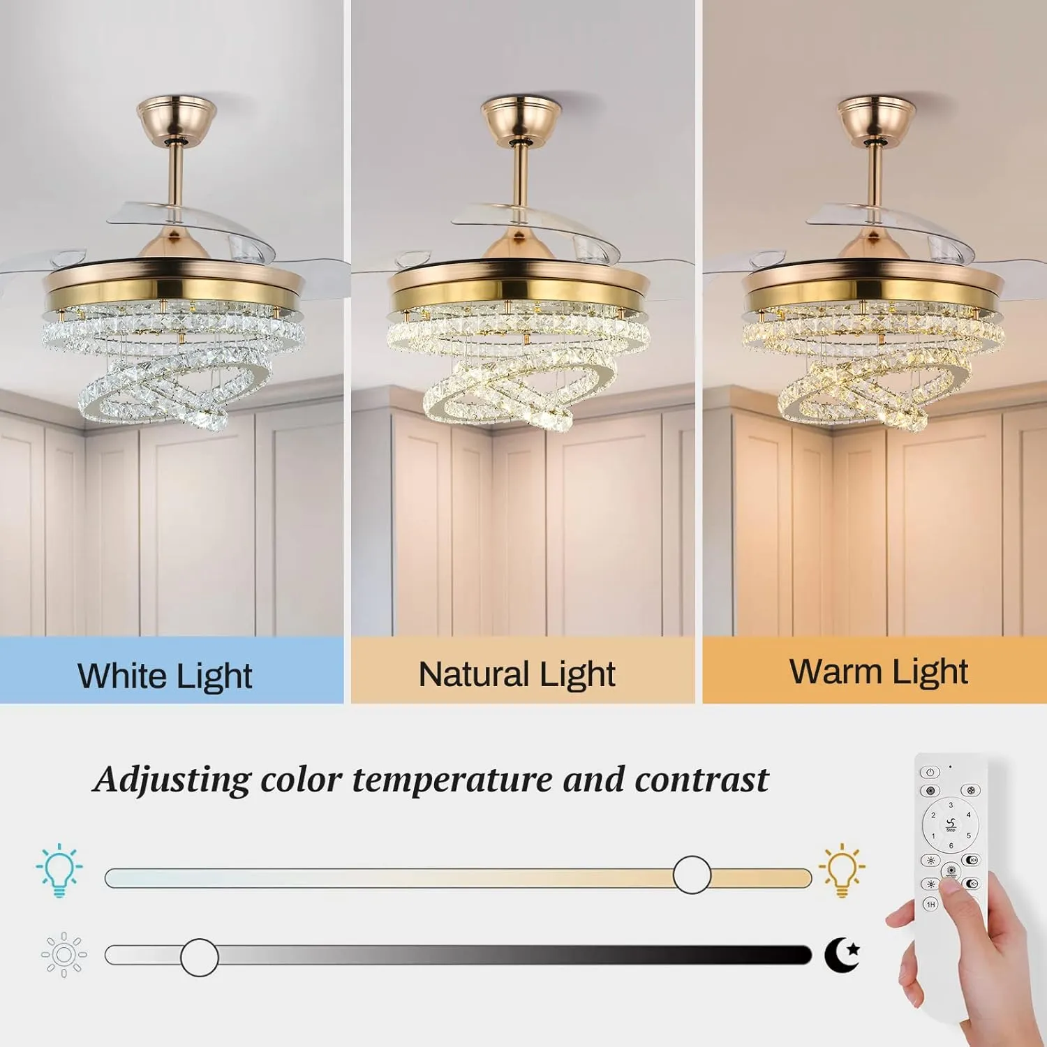 42" Dimmable Gold LED Fandeliers Crystal Chandelier Ceiling Fan with Lights Modern Invisible Fandelier Crystal Chandelier Fan 3 LED Color Change with Memory Function