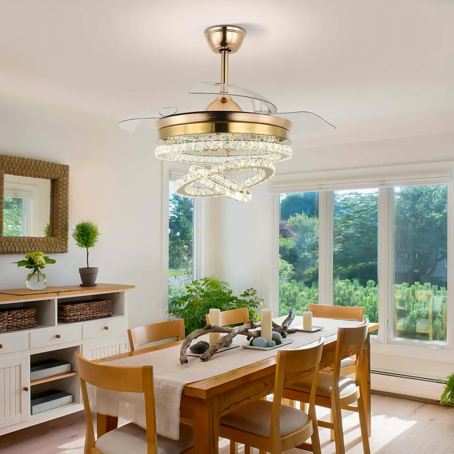 42" Dimmable Gold LED Fandeliers Crystal Chandelier Ceiling Fan with Lights Modern Invisible Fandelier Crystal Chandelier Fan 3 LED Color Change with Memory Function