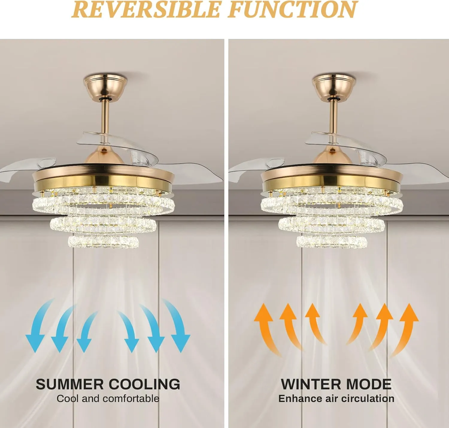 42" Dimmable Gold LED Fandeliers Crystal Chandelier Ceiling Fan with Lights Modern Invisible Fandelier Crystal Chandelier Fan 3 LED Color Change with Memory Function