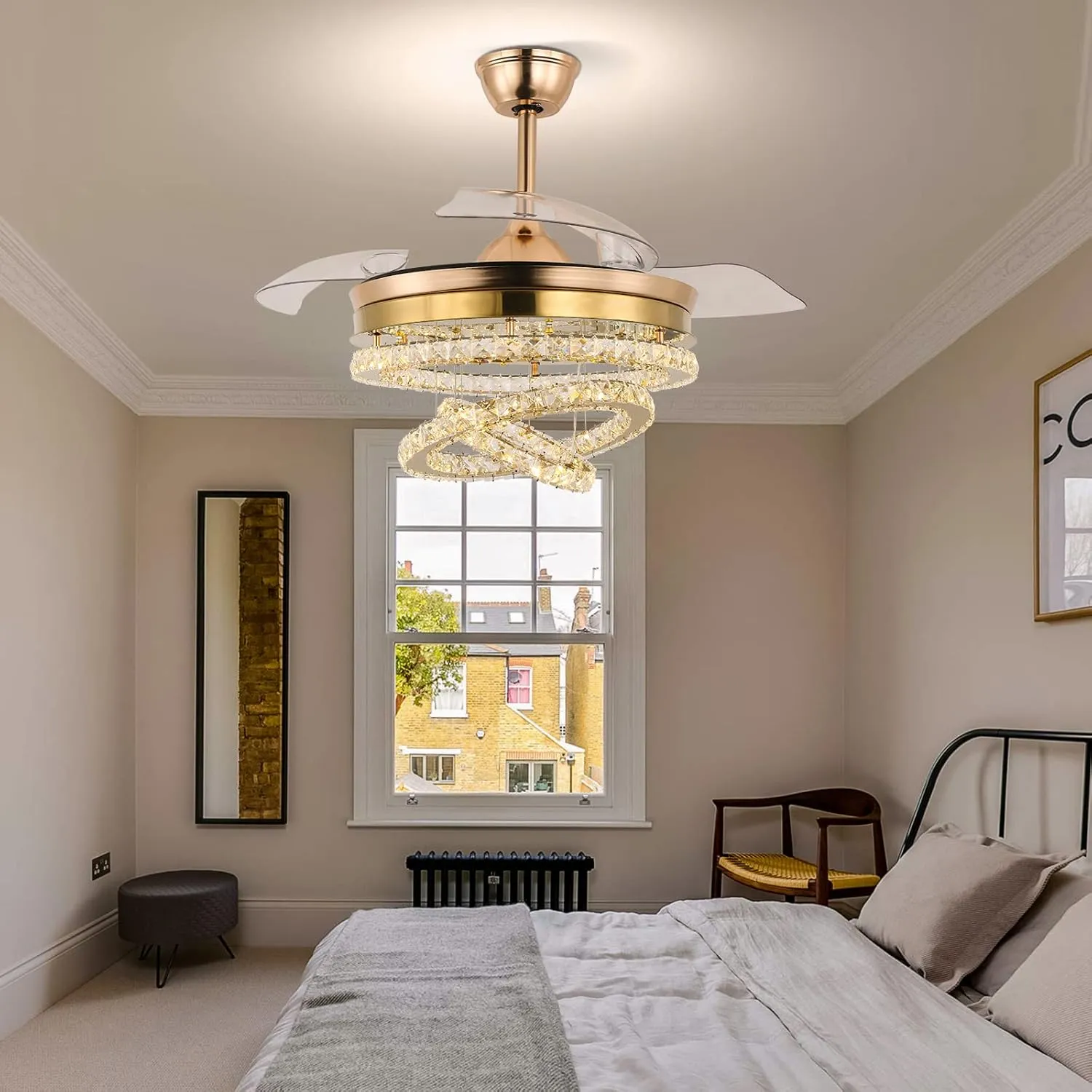 42" Dimmable Gold LED Fandeliers Crystal Chandelier Ceiling Fan with Lights Modern Invisible Fandelier Crystal Chandelier Fan 3 LED Color Change with Memory Function