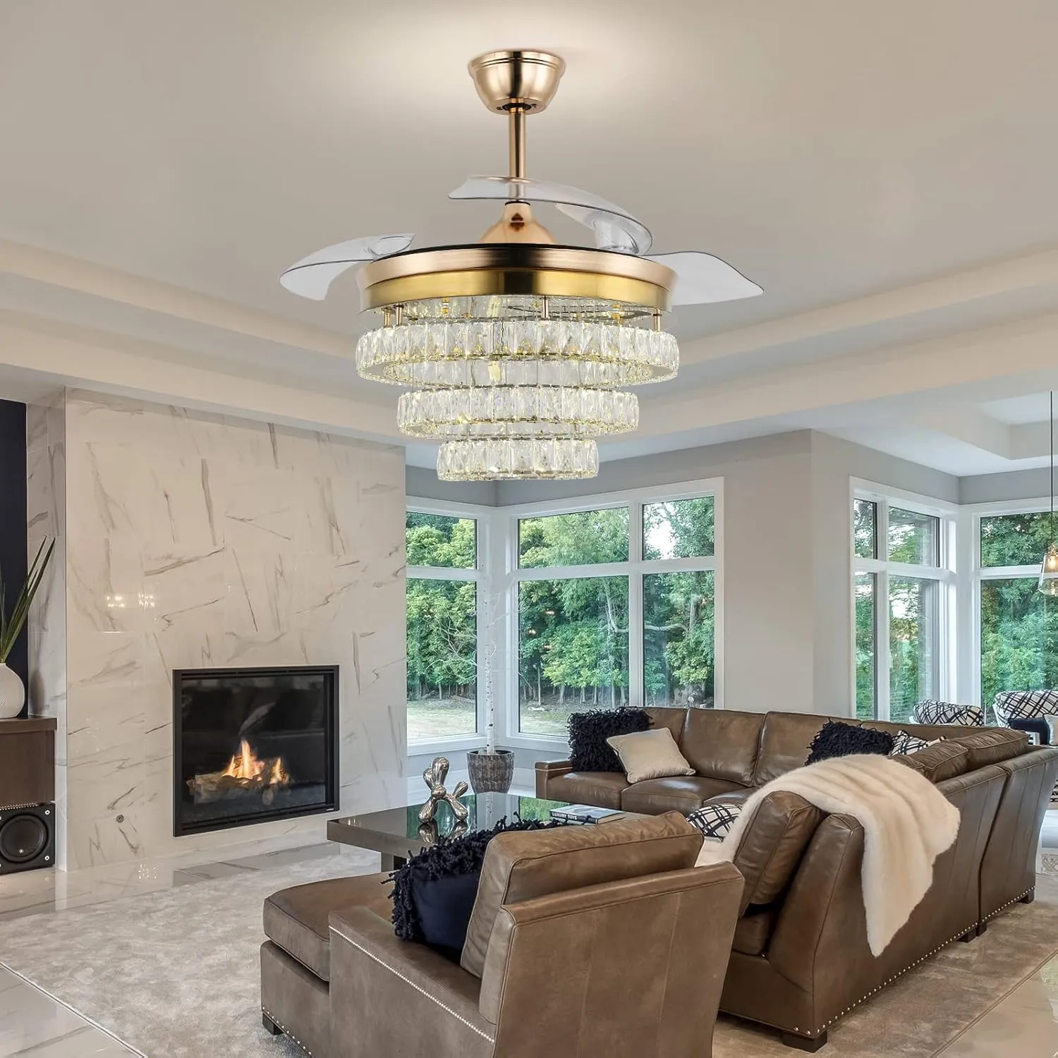 42" Gold LED Fandeliers with Lights Dimmable Crystal Ceiling Fan with Lights Individual 3 LED Color Change with Timi Memory Function