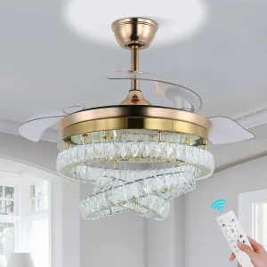 42" Gold LED Fandeliers with Lights Dimmable Crystal Ceiling Fan with Lights Individual 3 LED Color Change with Timi Memory Function Fan with safety blade design