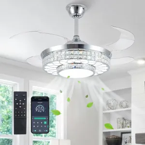 42" Retractable Ceiling Fans with Lights, Crystal Chandelier Ceiling Fan with Remote & APP Control, Modern Dimmable LED Fandelier for Living Room, Dinning Room, Bedroom (Silver) App-controlled remote fan for convenience