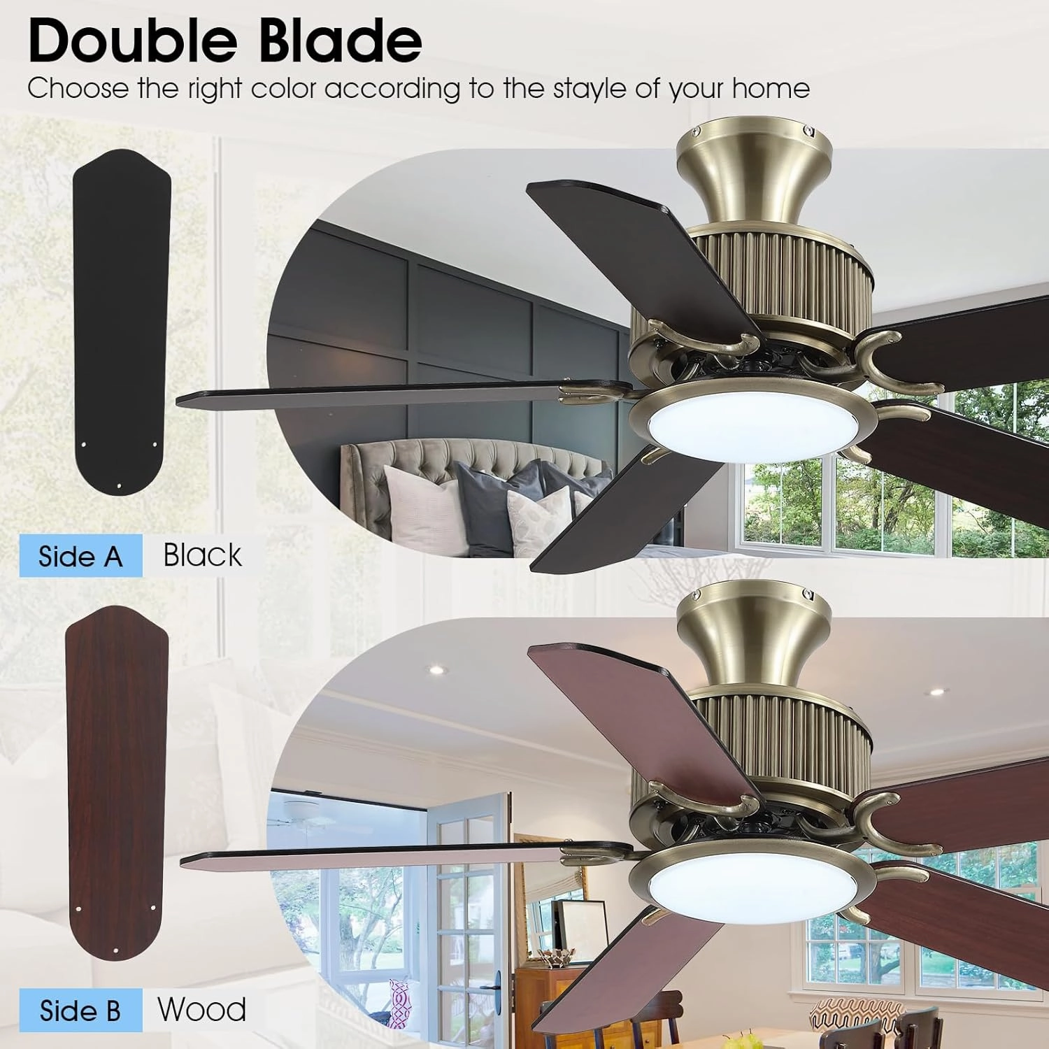 44 Inch Low Profile Ceiling Fans with Lights and APP&Remote Control,Farmhouse Flush Mount Ceiling Fan for Indoor/Outdoor,3 Colors Dimmable,5 Reversible Double-Sided Blades(Bronze)