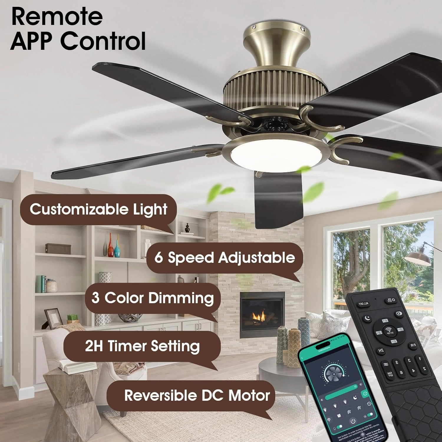 44 Inch Low Profile Ceiling Fans with Lights and APP&Remote Control,Farmhouse Flush Mount Ceiling Fan for Indoor/Outdoor,3 Colors Dimmable,5 Reversible Double-Sided Blades(Bronze)