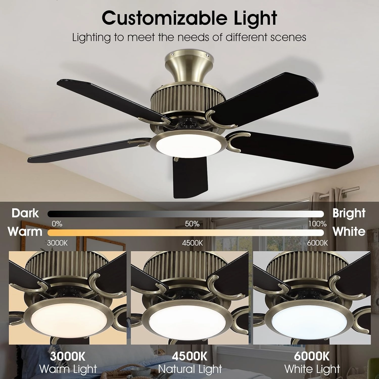 44 Inch Low Profile Ceiling Fans with Lights and APP&Remote Control,Farmhouse Flush Mount Ceiling Fan for Indoor/Outdoor,3 Colors Dimmable,5 Reversible Double-Sided Blades(Bronze)