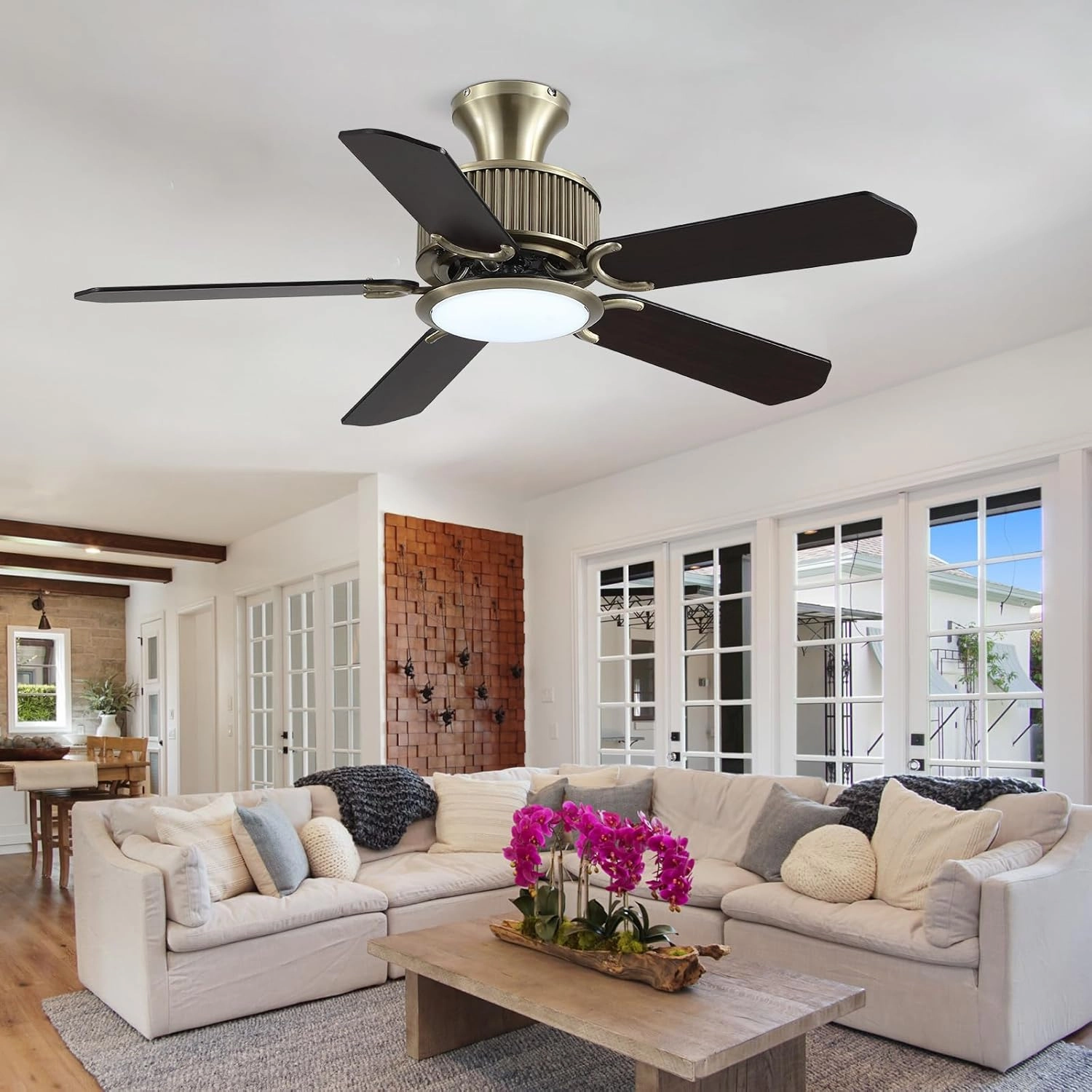 44 Inch Low Profile Ceiling Fans with Lights and APP&Remote Control,Farmhouse Flush Mount Ceiling Fan for Indoor/Outdoor,3 Colors Dimmable,5 Reversible Double-Sided Blades(Bronze)