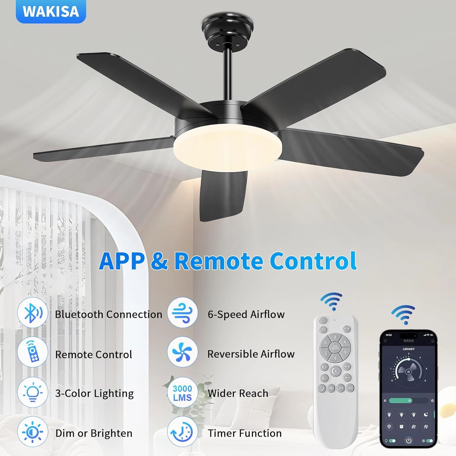 45 Inch Ceiling Fans with Lights and Remote/APP, Quick Install, 3CCT, 6 Speeds, Reversible, Dimmable, Black Low Profile Ceiling Fan with Light for Living Room Kitchen Bedroom Patio Indoor Outdoor