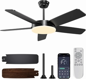 45 Inch Ceiling Fans with Lights and Remote/APP, Quick Install, 3CCT, 6 Speeds, Reversible, Dimmable, Black Low Profile Ceiling Fan with Light for Living Room Kitchen Bedroom Patio Indoor Outdoor App-controlled remote fan for convenience
