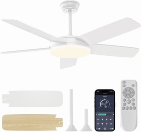 45 Inch Ceiling Fans with Lights and Remote/APP, Quick Install, 3CCT, 6 Speeds, Reversible, Dimmable, White Low Profile Ceiling Fan with Light for Living Room Kitchen Bedroom Patio Indoor Outdoor App-controlled remote fan for convenience