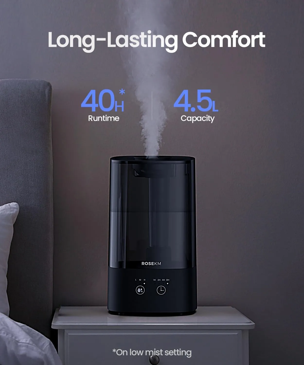 4.5L Humidifiers for Bedroom, Humidifiers for Home Large Room, Cool Mist Humidfiers for Baby and Plant with Timer, Adjustable Mist Level, 360 Nozzle, Auto Shut-Off, Black