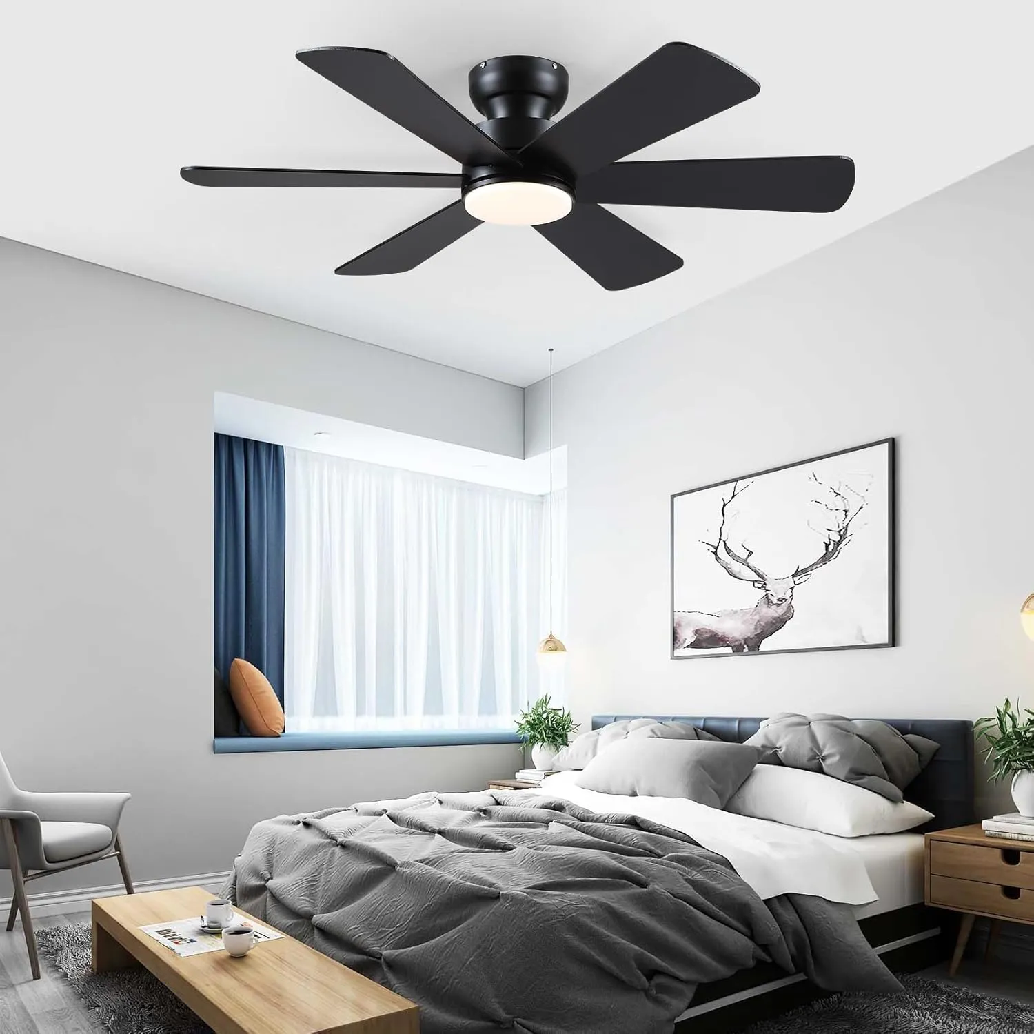 46 inch Ceiling Fans with Lights, Black Ceiling Fan with Remote APP, Dual-Sided Modern/Rustic 6 Blades, Reversible, 3CCT, Flush Mount Low Profile Ceiling Fan with Lights Bedroom Kitchen Indoor
