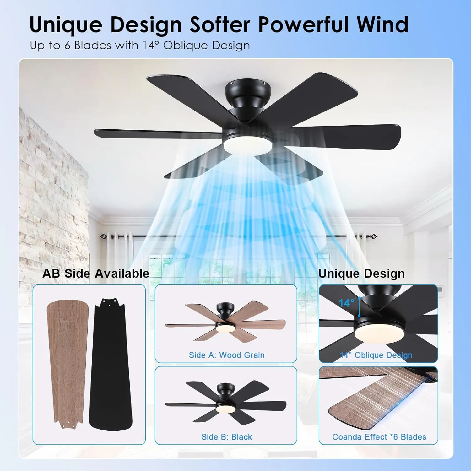 46 inch Ceiling Fans with Lights, Black Ceiling Fan with Remote APP, Dual-Sided Modern/Rustic 6 Blades, Reversible, 3CCT, Flush Mount Low Profile Ceiling Fan with Lights Bedroom Kitchen Indoor