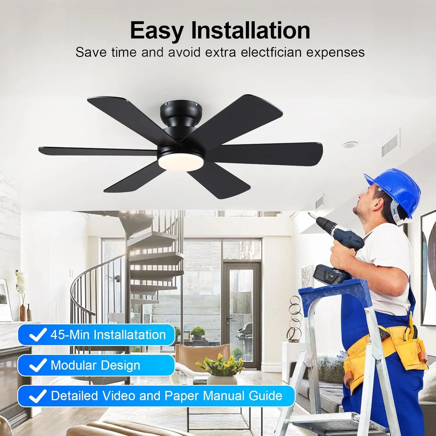 46 inch Ceiling Fans with Lights, Black Ceiling Fan with Remote APP, Dual-Sided Modern/Rustic 6 Blades, Reversible, 3CCT, Flush Mount Low Profile Ceiling Fan with Lights Bedroom Kitchen Indoor