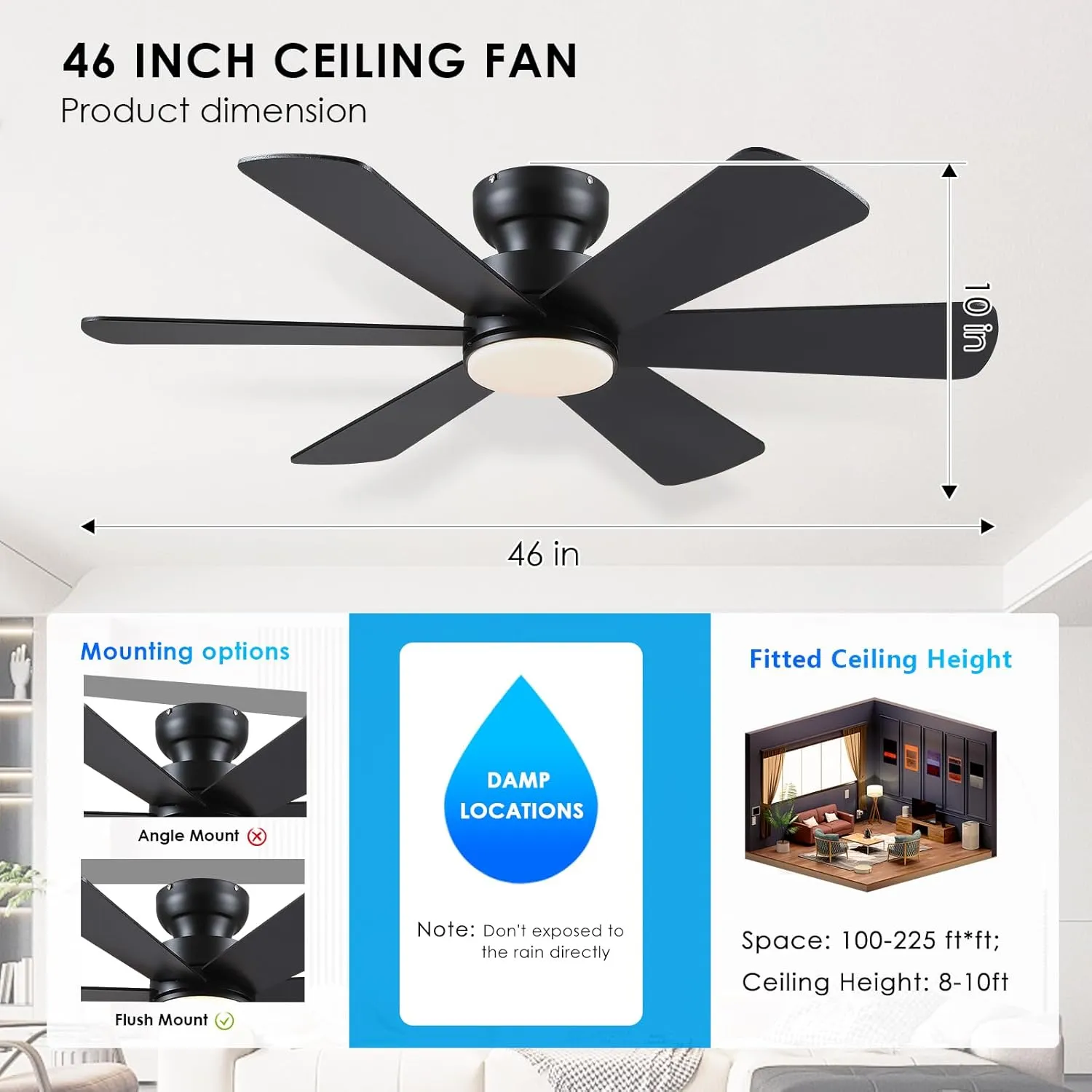 46 inch Ceiling Fans with Lights, Black Ceiling Fan with Remote APP, Dual-Sided Modern/Rustic 6 Blades, Reversible, 3CCT, Flush Mount Low Profile Ceiling Fan with Lights Bedroom Kitchen Indoor
