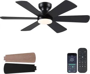 46 inch Ceiling Fans with Lights, Black Ceiling Fan with Remote APP, Dual-Sided Modern/Rustic 6 Blades, Reversible, 3CCT, Flush Mount Low Profile Ceiling Fan with Lights Bedroom Kitchen Indoor App-controlled remote fan for convenience