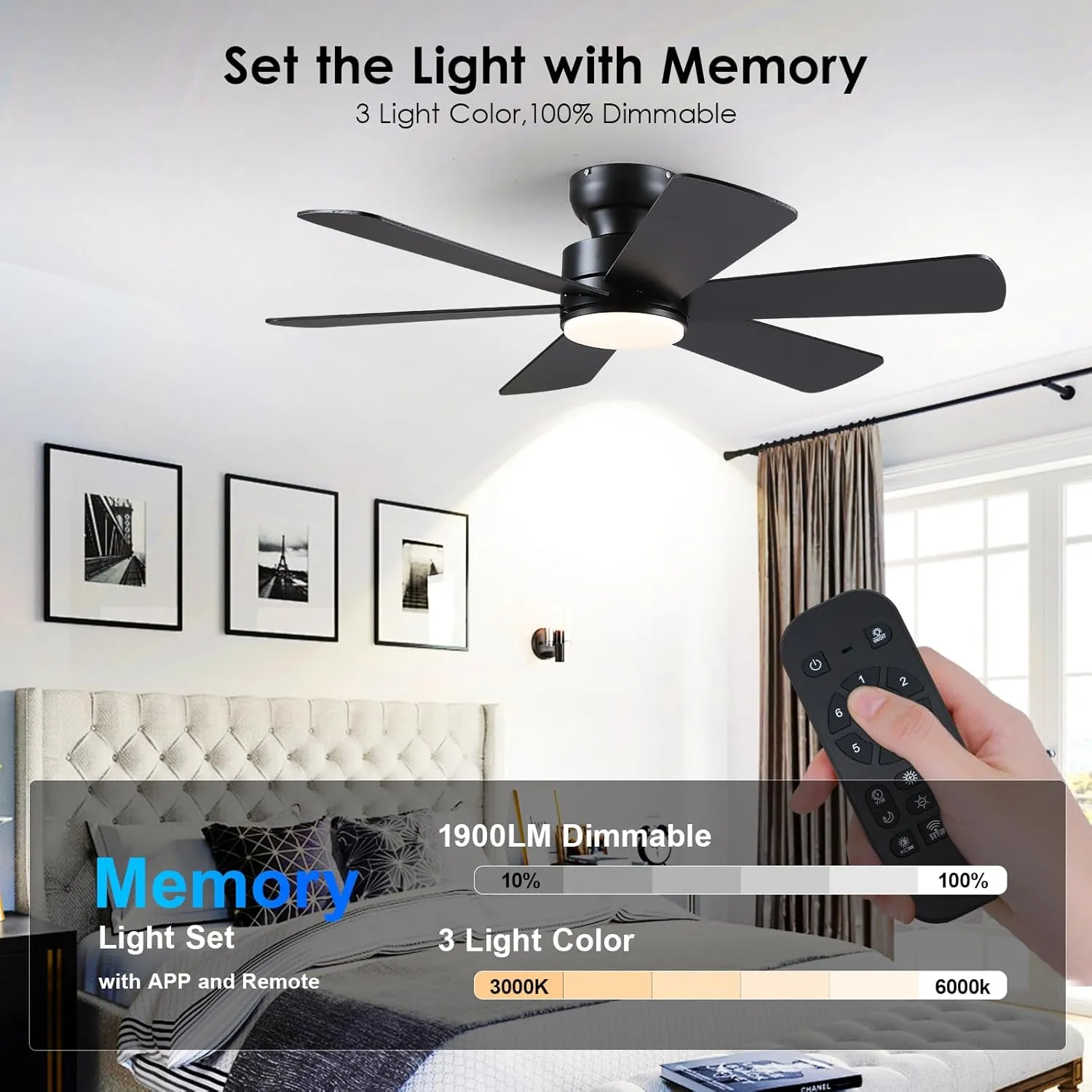46 inch Ceiling Fans with Lights, Black Ceiling Fan with Remote APP, Dual-Sided Modern/Rustic 6 Blades, Reversible, 3CCT, Flush Mount Low Profile Ceiling Fan with Lights Bedroom Kitchen Indoor