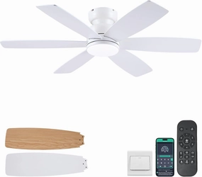 46 inch Ceiling Fans with Lights and Remote/APP Control, Low Profile Ceiling Fan with Light, Flush Mount, 3CCT, 6 Reversible Blades 6 Speeds Modern Ceiling Fan for Bedroom Living Room, White App-controlled remote fan for convenience