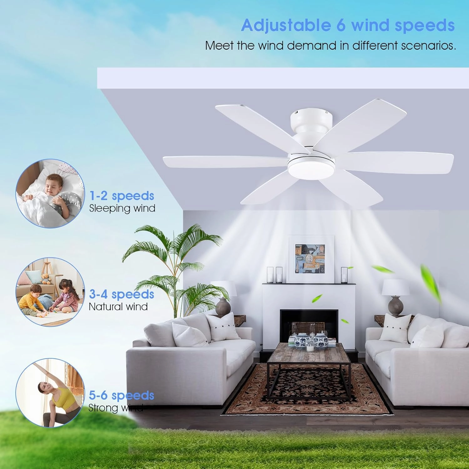 46 inch Ceiling Fans with Lights and Remote/APP Control, Low Profile Ceiling Fan with Light, Flush Mount, 3CCT, 6 Reversible Blades 6 Speeds Modern Ceiling Fan for Bedroom Living Room, White