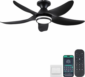 46 inch Ceiling Fans with Lights and Remote/APP Control, Modern Flush Mount Ceiling Fans with 5 Reversible Blades 6 Speeds, 3 Colors Dimmable Ring Lights for Bedroom Dining Room, Black App-controlled remote fan for convenience