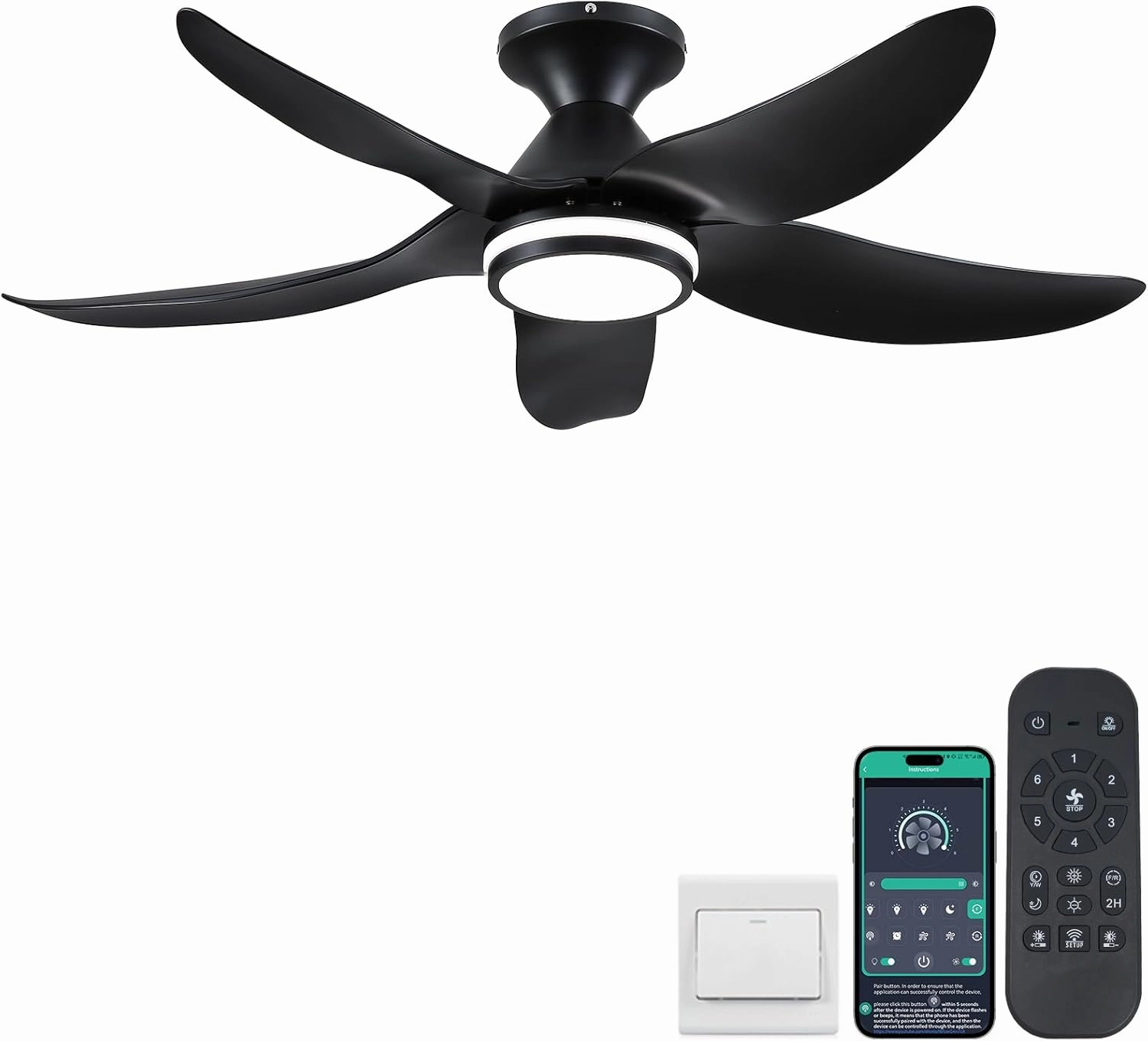 46 inch Ceiling Fans with Lights and Remote/APP Control, Modern Flush Mount Ceiling Fans with 5 Reversible Blades 6 Speeds, 3 Colors Dimmable Ring Lights for Bedroom Dining Room, Black App-controlled remote fan for convenience