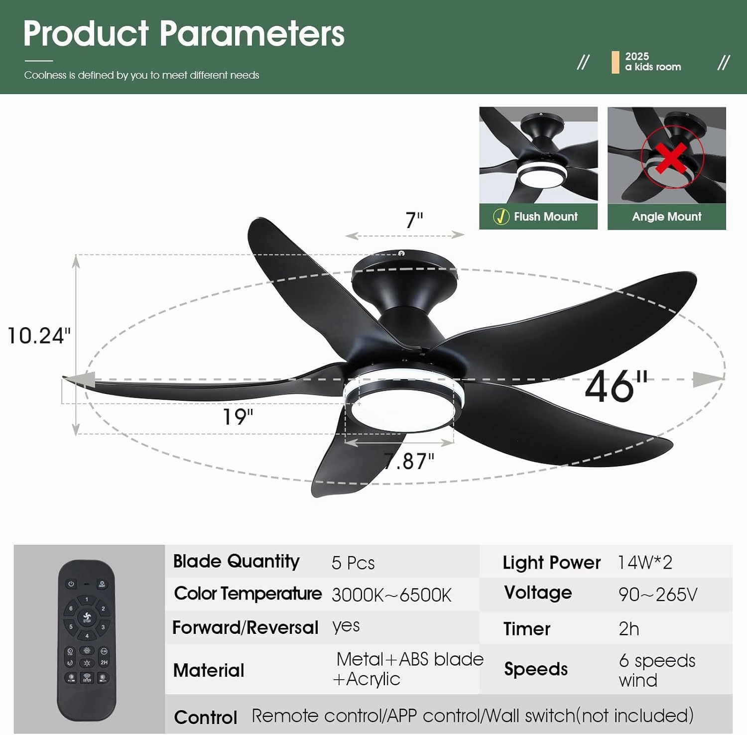 46 inch Ceiling Fans with Lights and Remote/APP Control, Modern Flush Mount Ceiling Fans with 5 Reversible Blades 6 Speeds, 3 Colors Dimmable Ring Lights for Bedroom Dining Room, Black