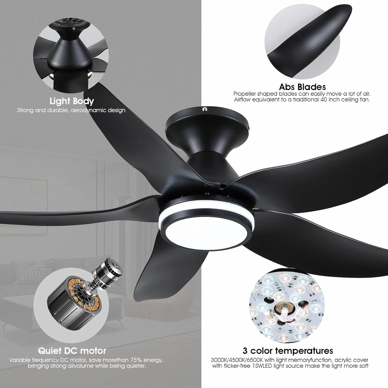 46 inch Ceiling Fans with Lights and Remote/APP Control, Modern Flush Mount Ceiling Fans with 5 Reversible Blades 6 Speeds, 3 Colors Dimmable Ring Lights for Bedroom Dining Room, Black