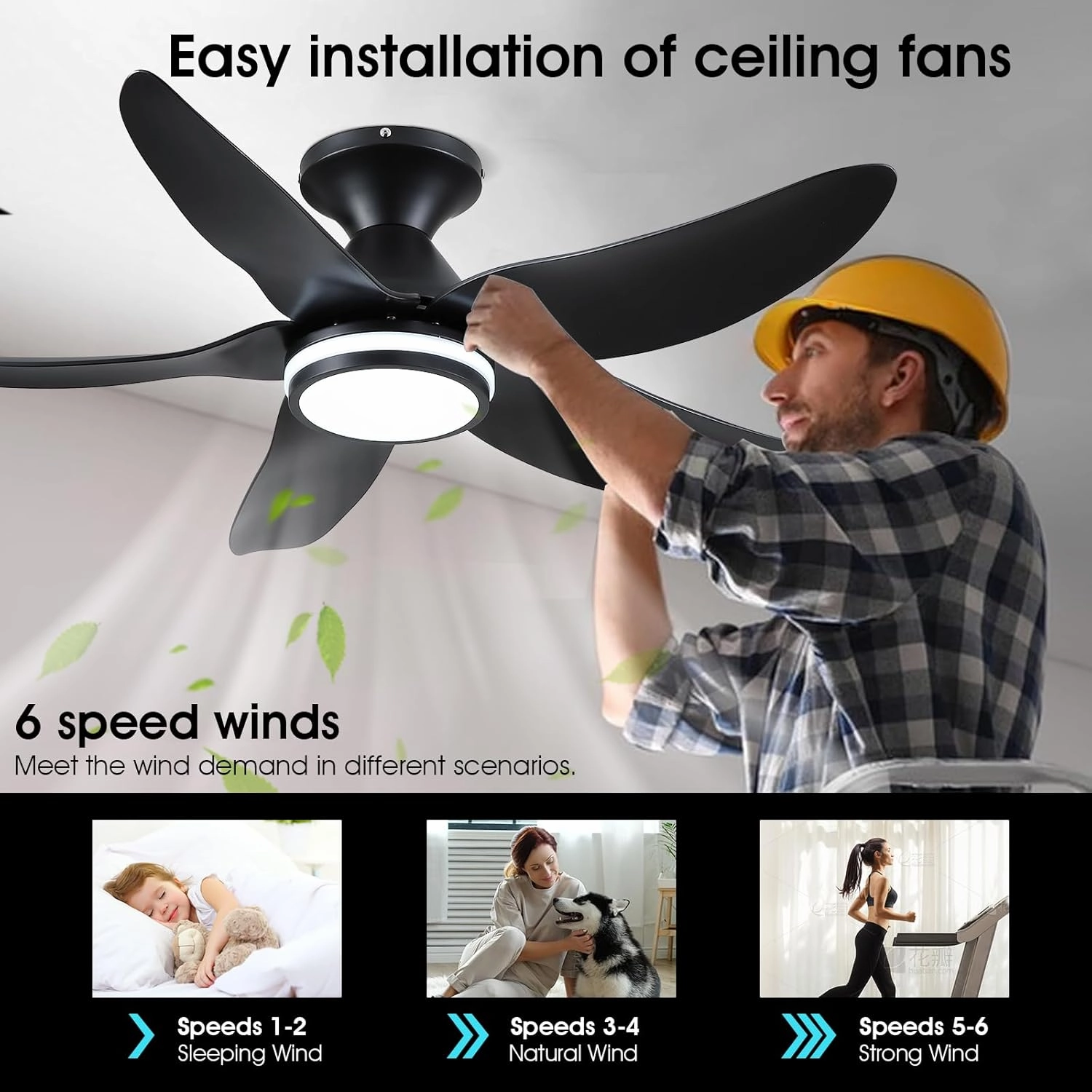 46 inch Ceiling Fans with Lights and Remote/APP Control, Modern Flush Mount Ceiling Fans with 5 Reversible Blades 6 Speeds, 3 Colors Dimmable Ring Lights for Bedroom Dining Room, Black