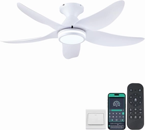 46 inch Ceiling Fans with Lights and Remote/APP Control, Modern Flush Mount Ceiling Fans with 5 Reversible Blades 6 Speeds, 3 Colors Dimmable Ring Lights for Bedroom Kids Room, White App-controlled remote fan for convenience