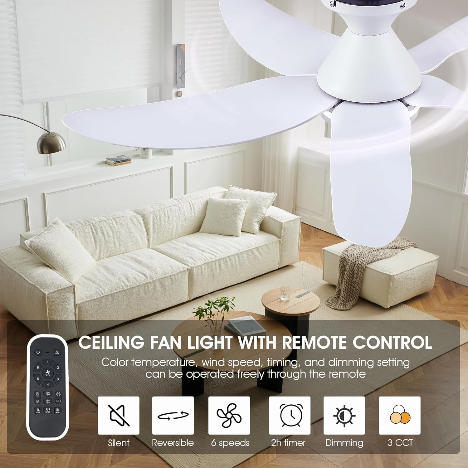46 inch Ceiling Fans with Lights and Remote/APP Control, Modern Flush Mount Ceiling Fans with 5 Reversible Blades 6 Speeds, 3 Colors Dimmable Ring Lights for Bedroom Kids Room, White