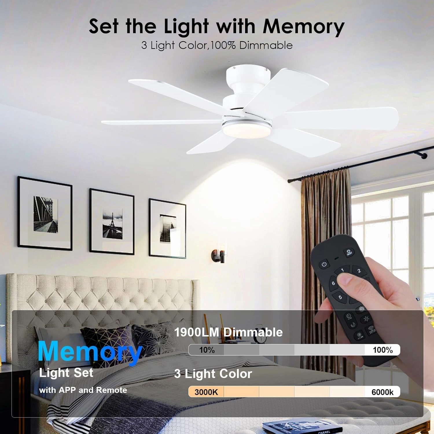 46 inch Ceiling Fans with Lights, Ceiling Fan with Remote APP, Dual-Sided Modern/Rustic 6 Blades, Reversible, 3CCT, Flush Mount Low Profile Ceiling Fan with Lights Bedroom Kitchen Indoor White