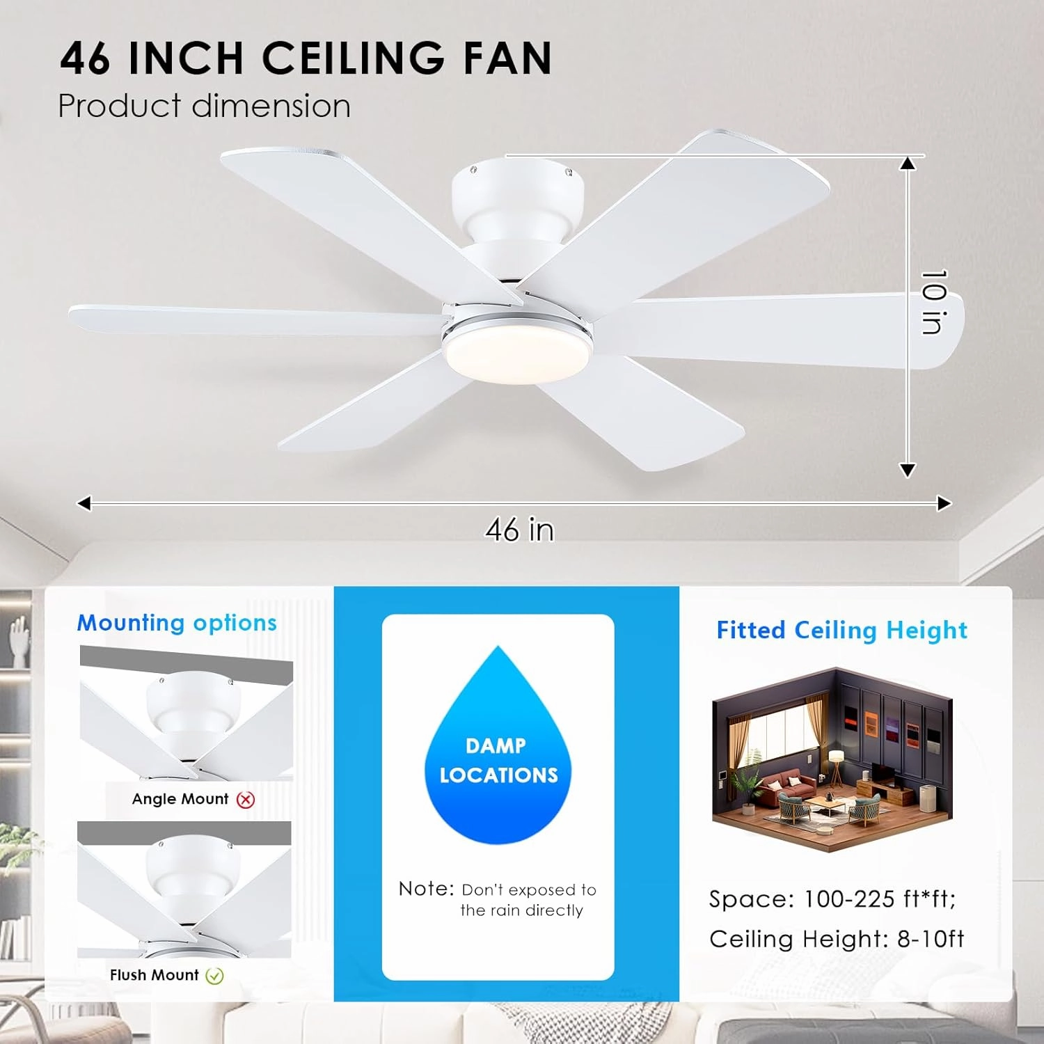 46 inch Ceiling Fans with Lights, Ceiling Fan with Remote APP, Dual-Sided Modern/Rustic 6 Blades, Reversible, 3CCT, Flush Mount Low Profile Ceiling Fan with Lights Bedroom Kitchen Indoor White