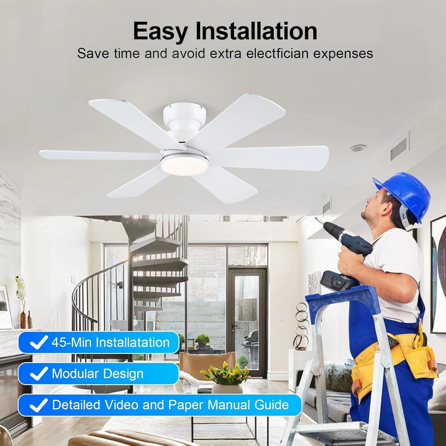 46 inch Ceiling Fans with Lights, Ceiling Fan with Remote APP, Dual-Sided Modern/Rustic 6 Blades, Reversible, 3CCT, Flush Mount Low Profile Ceiling Fan with Lights Bedroom Kitchen Indoor White