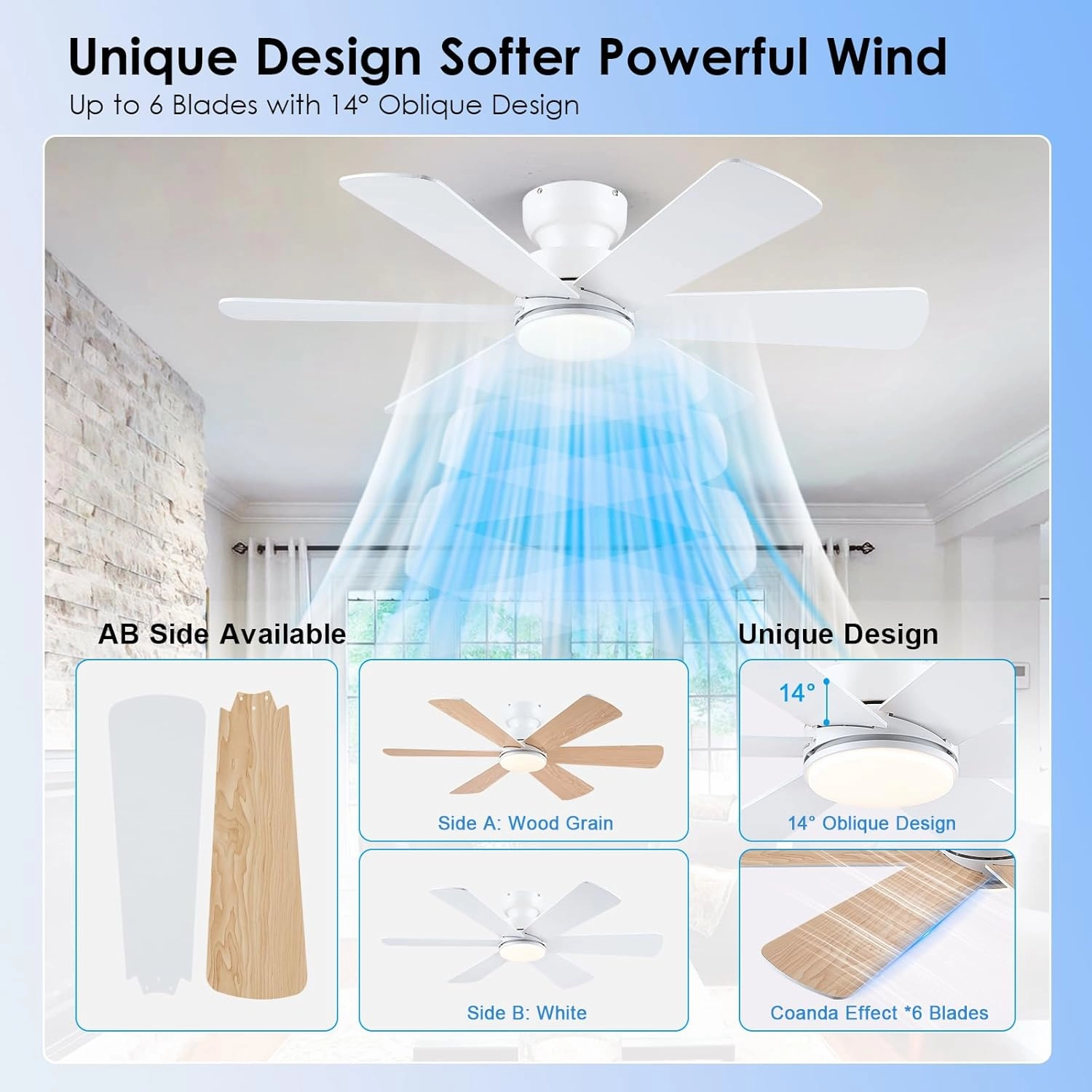 46 inch Ceiling Fans with Lights, Ceiling Fan with Remote APP, Dual-Sided Modern/Rustic 6 Blades, Reversible, 3CCT, Flush Mount Low Profile Ceiling Fan with Lights Bedroom Kitchen Indoor White