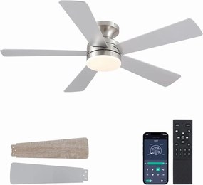 46IN Ceiling Fan with Lights and Remote/APP - Flush Mount Low Profile Ceiling Fan Light with 3CCT Dimmable, 6 Speeds Reversible, Modern Fan Light Fixture for Indoor, Covered Patios, Nickel App-controlled remote fan for convenience