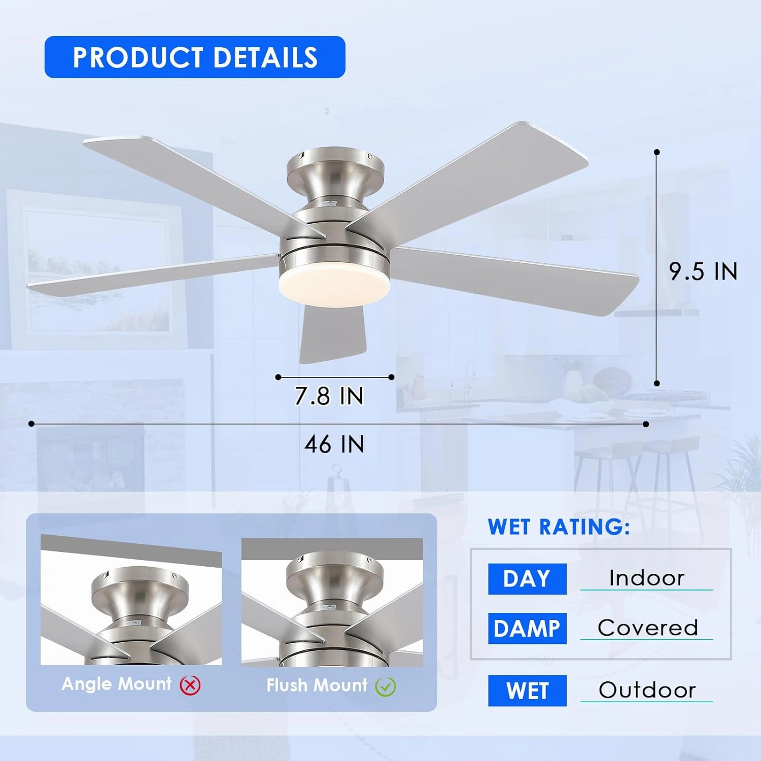 46IN Ceiling Fan with Lights and Remote/APP - Flush Mount Low Profile Ceiling Fan Light with 3CCT Dimmable, 6 Speeds Reversible, Modern Fan Light Fixture for Indoor, Covered Patios, Nickel