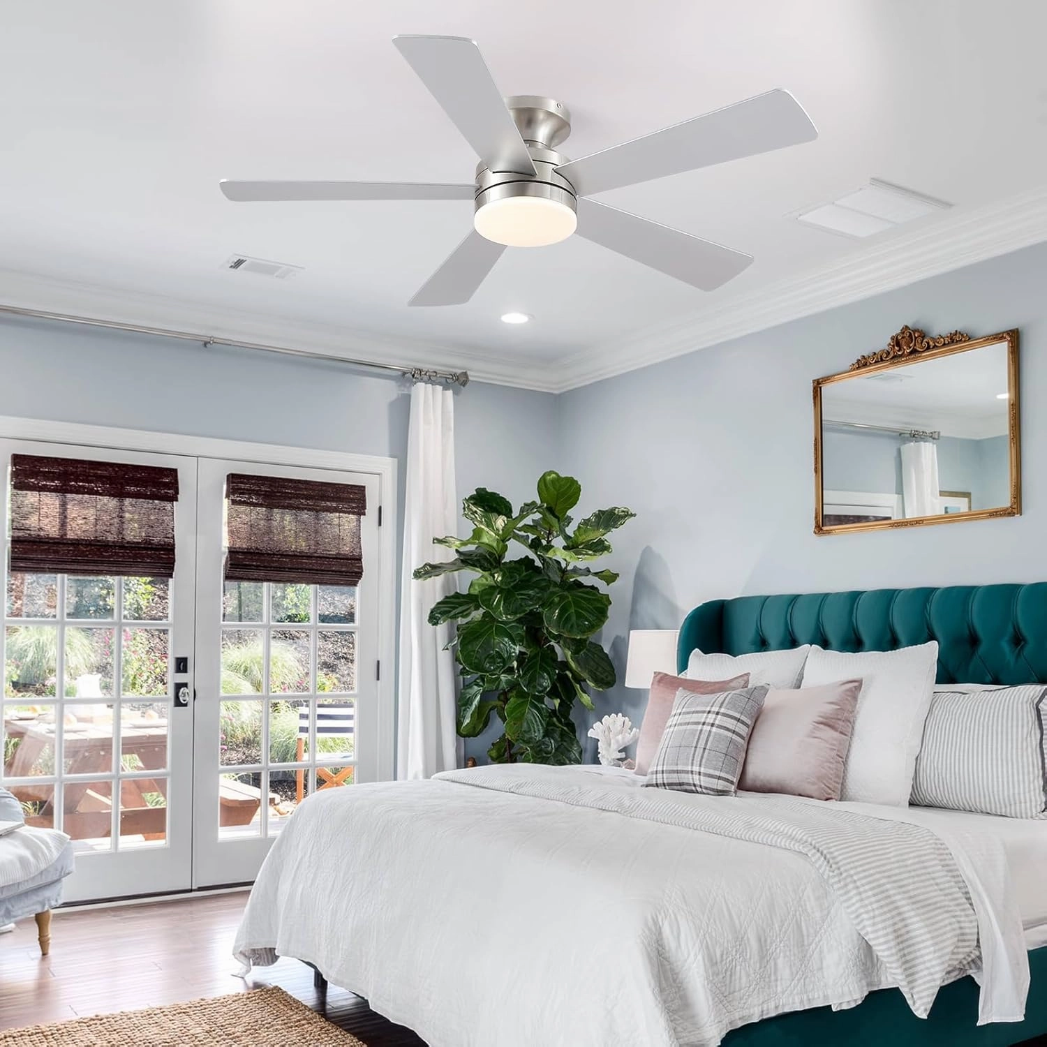46IN Ceiling Fan with Lights and Remote/APP - Flush Mount Low Profile Ceiling Fan Light with 3CCT Dimmable, 6 Speeds Reversible, Modern Fan Light Fixture for Indoor, Covered Patios, Nickel