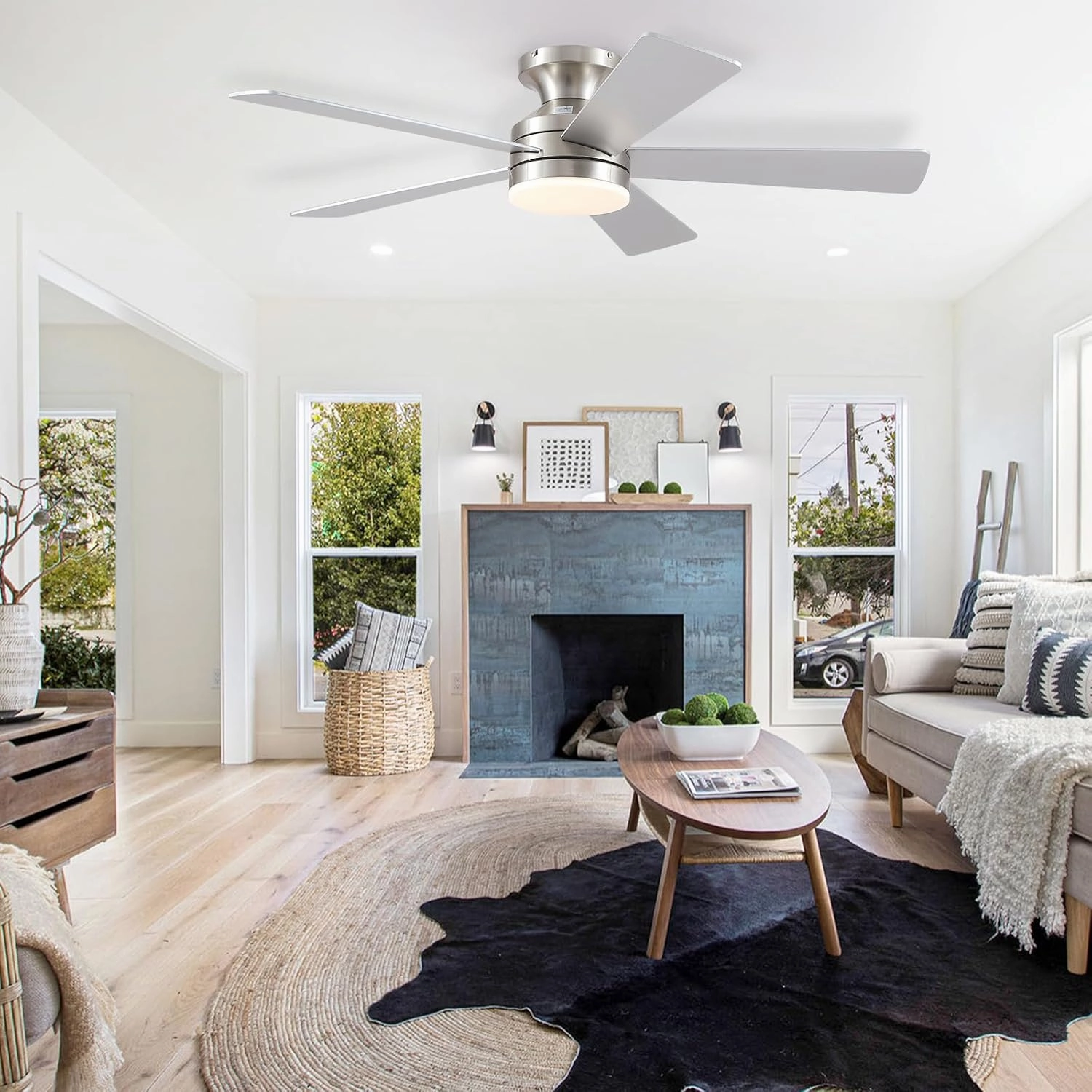 46IN Ceiling Fan with Lights and Remote/APP - Flush Mount Low Profile Ceiling Fan Light with 3CCT Dimmable, 6 Speeds Reversible, Modern Fan Light Fixture for Indoor, Covered Patios, Nickel