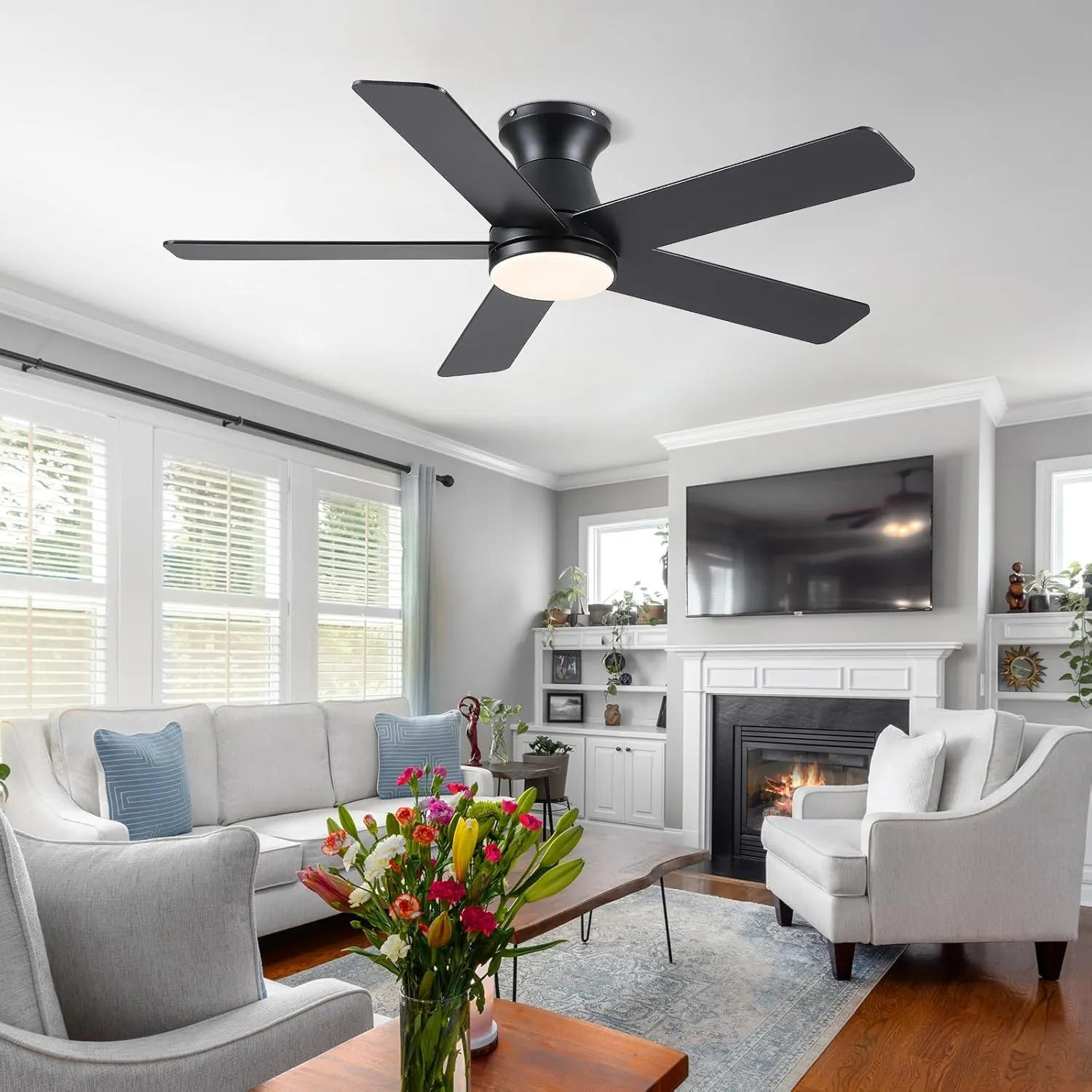 46" Low Profile Ceiling Fans with Lights and Remote, Black Outdoor Ceiling Fans with Quiet Reversible DC Motor