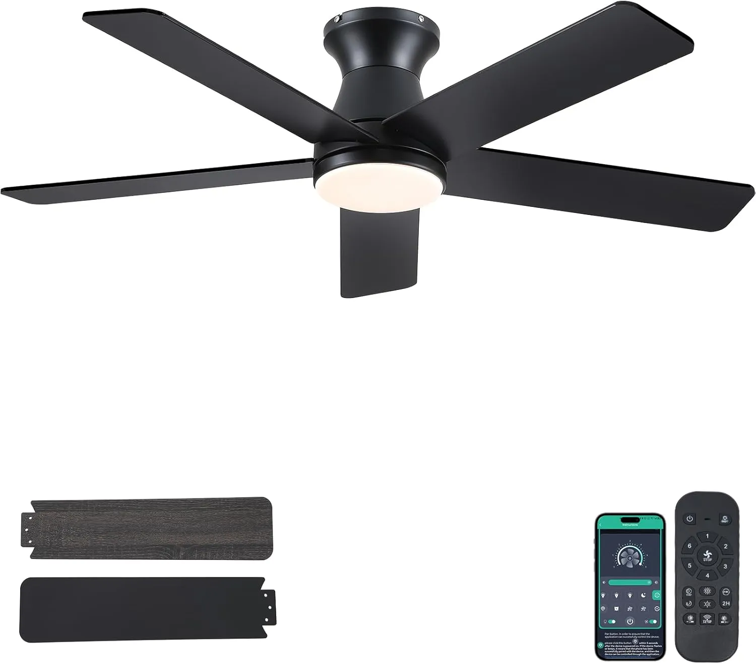 46" Low Profile Ceiling Fans with Lights and Remote, Black Outdoor Ceiling Fans with Quiet Reversible DC Motor Fan with safety blade design