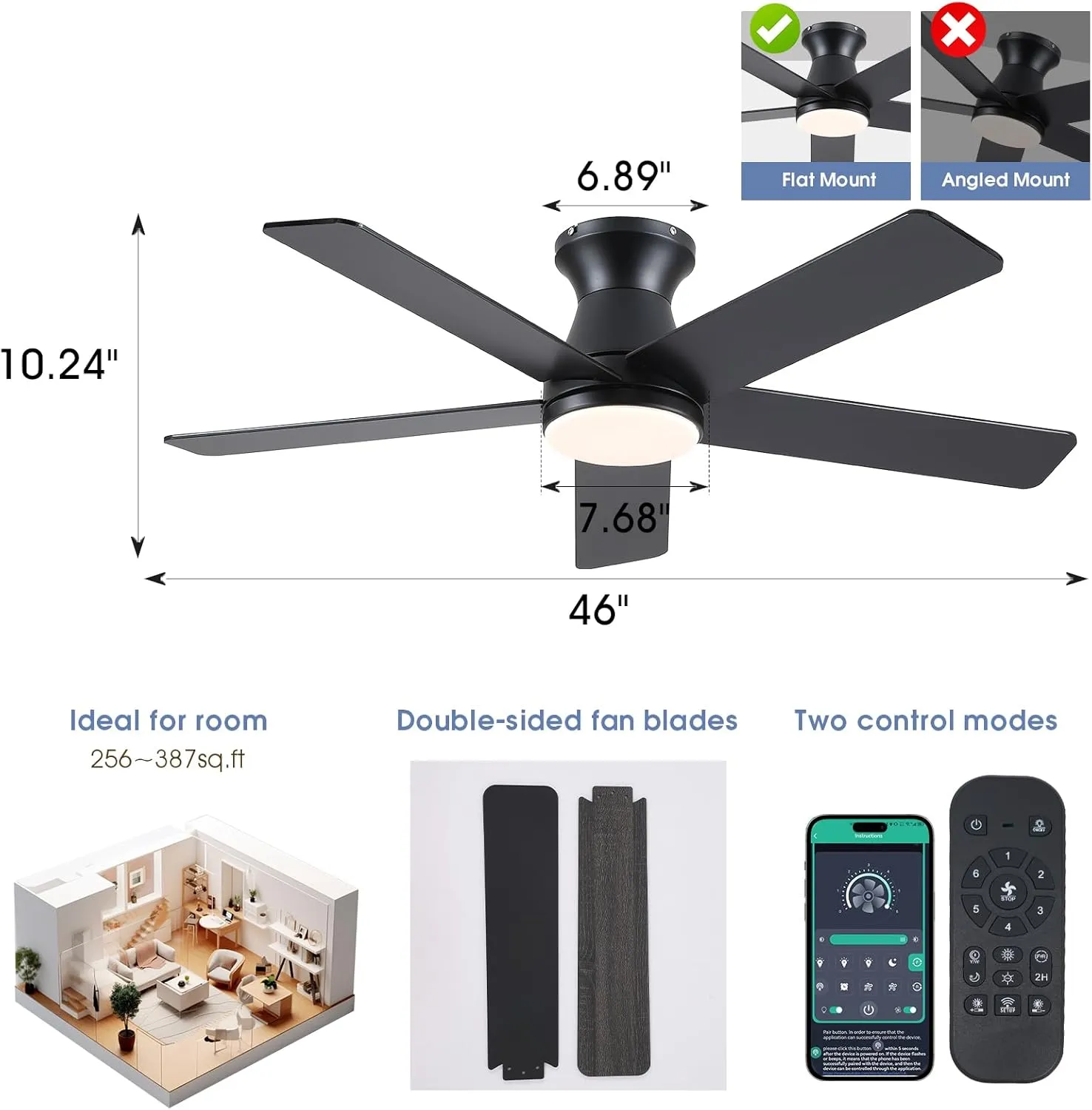 46" Low Profile Ceiling Fans with Lights and Remote, Black Outdoor Ceiling Fans with Quiet Reversible DC Motor