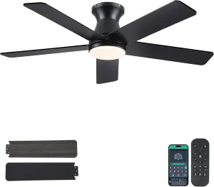 46" Low Profile Ceiling Fans with Lights and Remote, Black Outdoor Ceiling Fans with Quiet Reversible DC Motor Fan with safety blade design