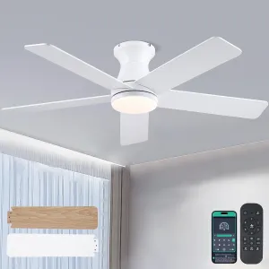 46" White Low Profile Ceiling Fans with Lights,Modern Flush Mount Ceiling Fans with Reversible DC Motor,Dimmable 3 Colors 6 Speeds Fan with safety blade design