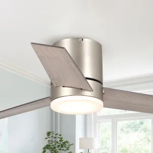 48 Inch Low Profile Ceiling Fan with Light, Nickel Flush Mount Ceiling Fan with Lights and remote, Indoor & Outdoor Modern Silver Ceiling Fans for Bedroom Kitchen, 3CCT, Reversible Motor, Timer Fan with safety blade design