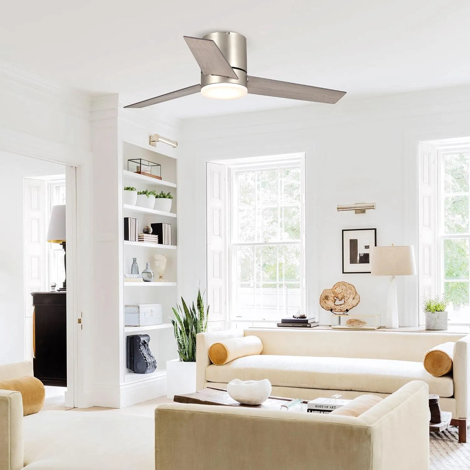 48 Inch Low Profile Ceiling Fan with Light, Nickel Flush Mount Ceiling Fan with Lights and remote, Indoor & Outdoor Modern Silver Ceiling Fans for Bedroom Kitchen, 3CCT, Reversible Motor, Timer