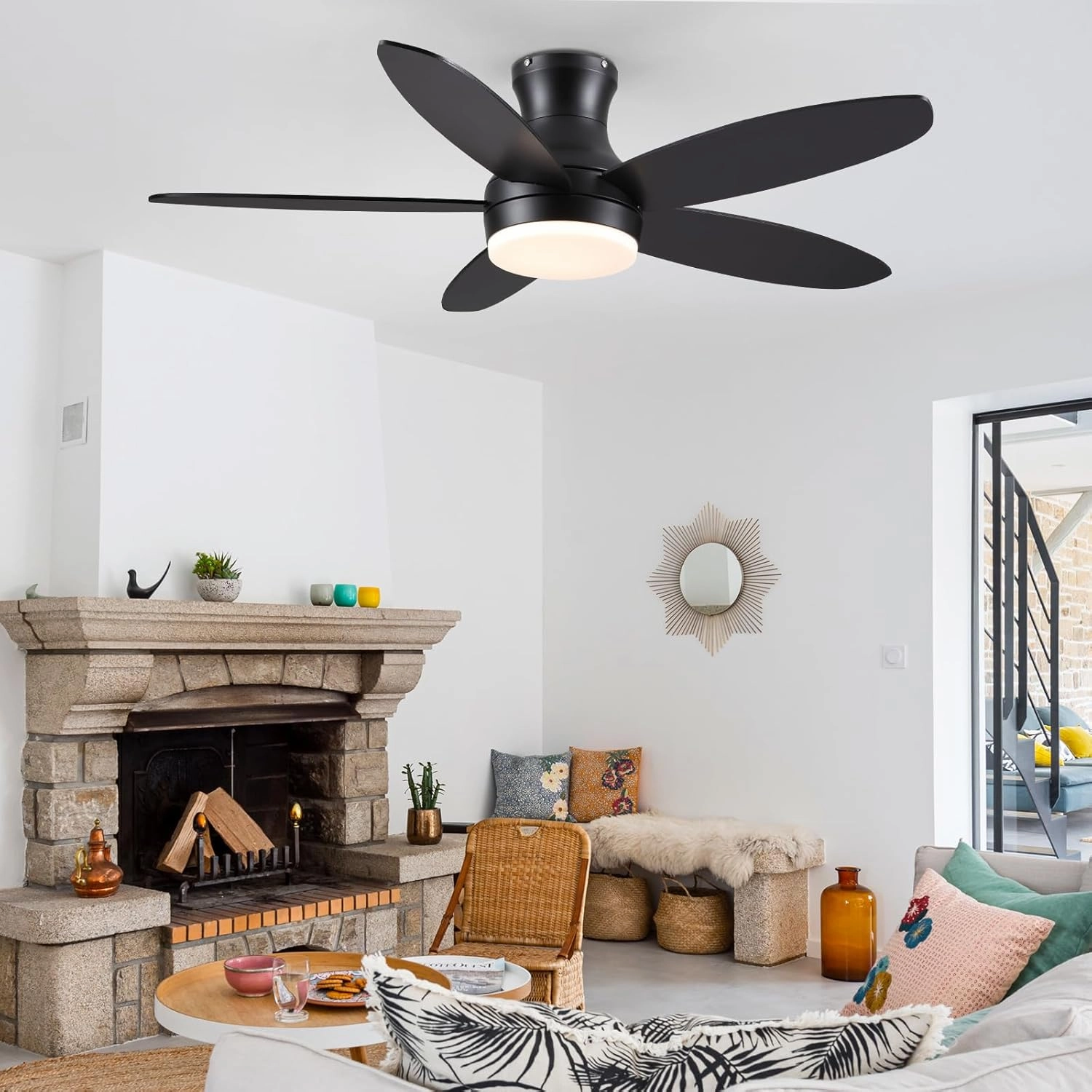 48 Inch Ceiling Fan with Light, Black Flush Mount Ceiling Fan with Remote and APP Control, Dimmable and 6 Wind Speed, Modern Low Profile Fan Light for Bedroom, Covered Outdoor