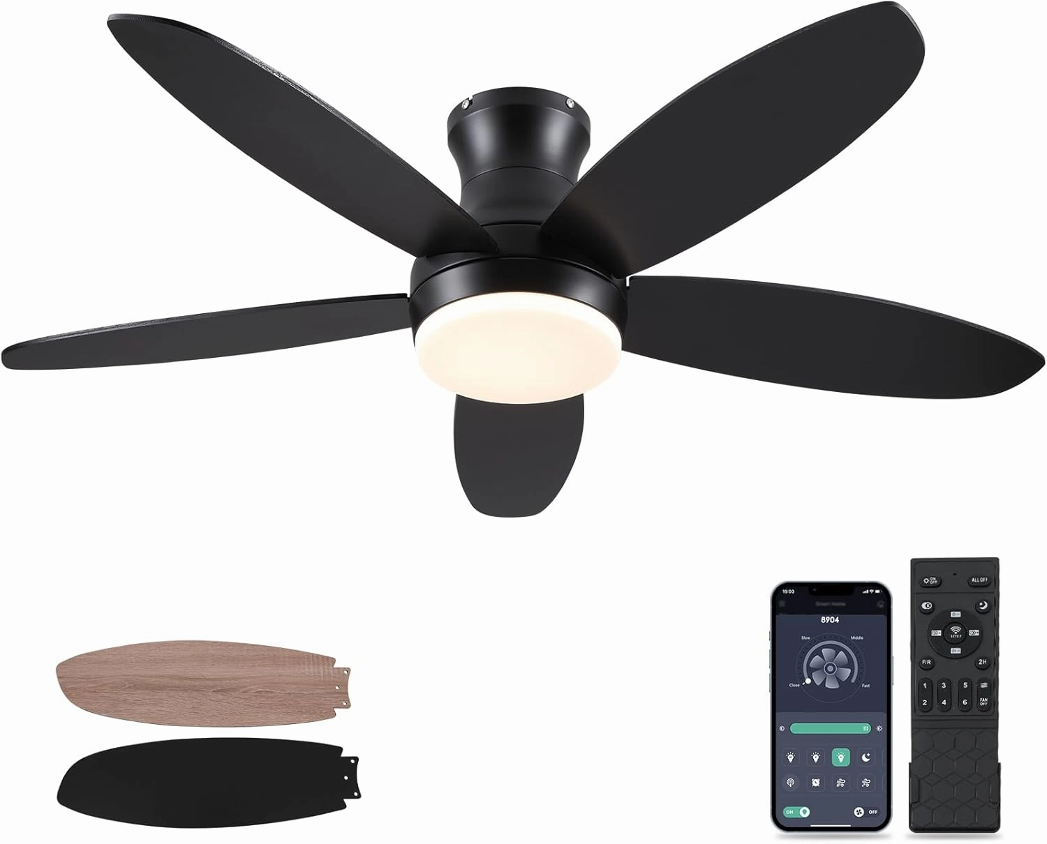 48 Inch Ceiling Fan with Light, Black Flush Mount Ceiling Fan with Remote and APP Control, Dimmable and 6 Wind Speed, Modern Low Profile Fan Light for Bedroom, Covered Outdoor App-controlled remote fan for convenience