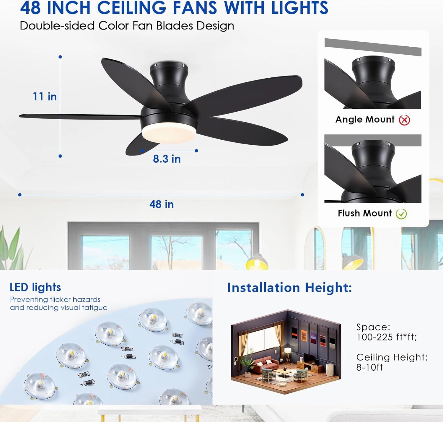 48 Inch Ceiling Fan with Light, Black Flush Mount Ceiling Fan with Remote and APP Control, Dimmable and 6 Wind Speed, Modern Low Profile Fan Light for Bedroom, Covered Outdoor