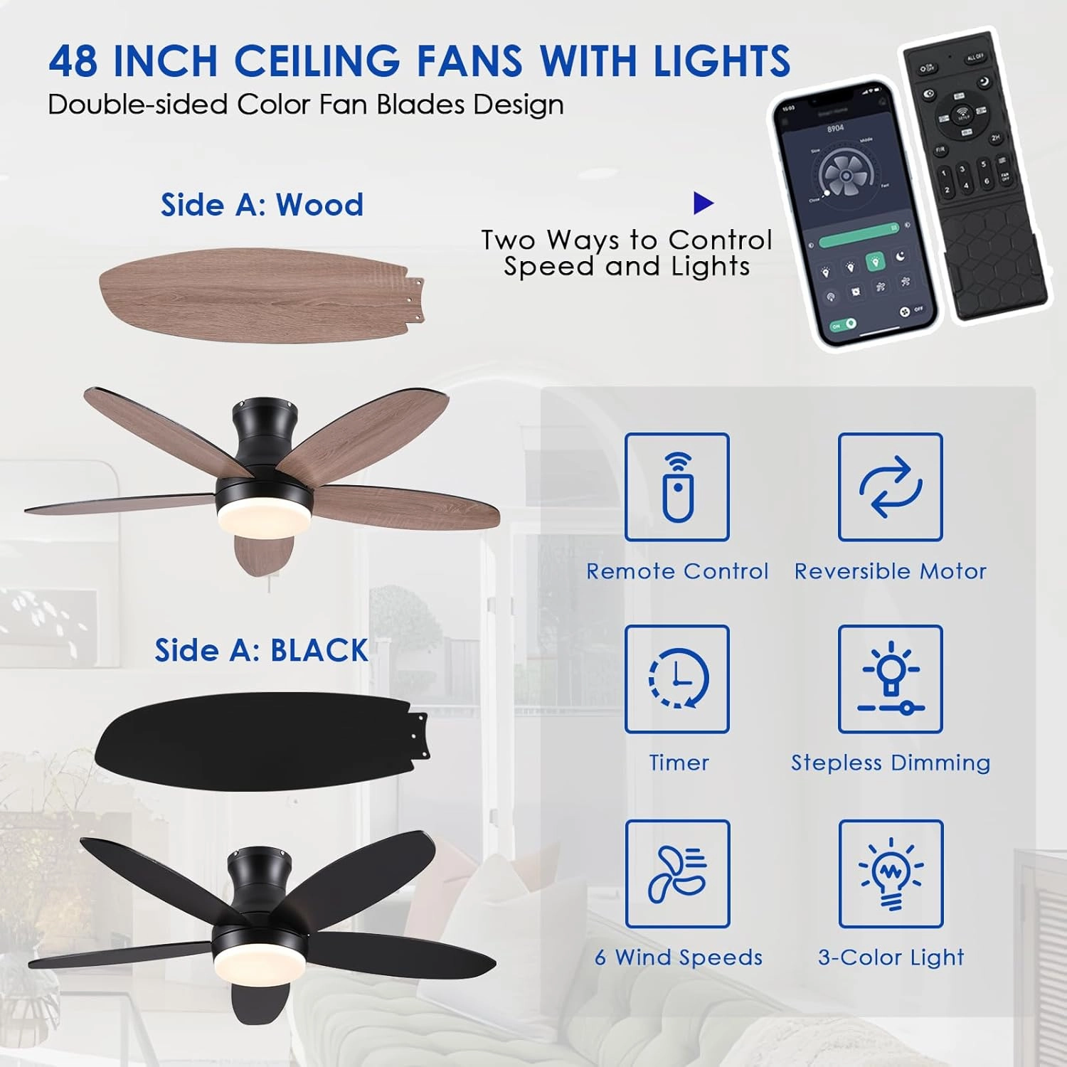 48 Inch Ceiling Fan with Light, Black Flush Mount Ceiling Fan with Remote and APP Control, Dimmable and 6 Wind Speed, Modern Low Profile Fan Light for Bedroom, Covered Outdoor