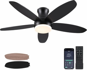 48 Inch Ceiling Fan with Light, Black Flush Mount Ceiling Fan with Remote and APP Control, Dimmable and 6 Wind Speed, Modern Low Profile Fan Light for Bedroom, Covered Outdoor App-controlled remote fan for convenience